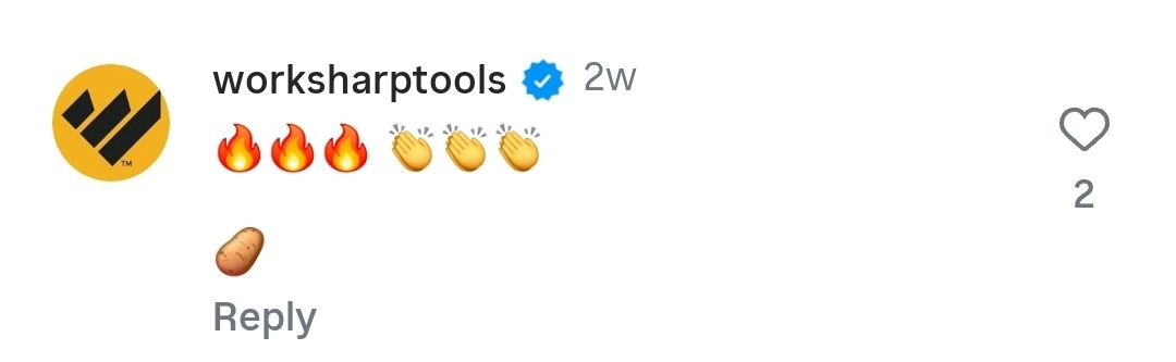 Screenshot of Instagram comment from Work Sharp reacting with fire emojis to Potato Defense Fund post