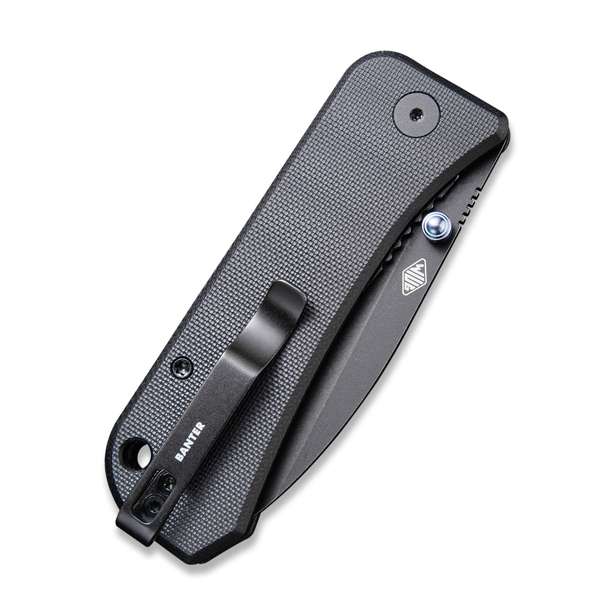 Banter Pocket Knife in Grey G10, closed, close-up of the pocket clip