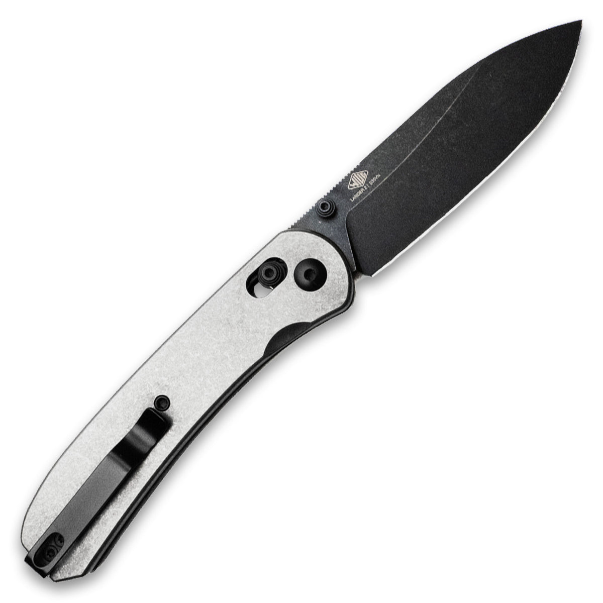 Lander 2 pocket knife with stonewashed titanium handle and black blade, open, back view