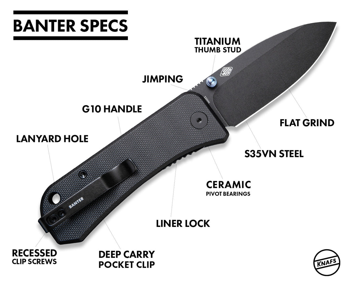 Banter Pocket Knife in Grey infographic listing specs: titanium handle, S35VN steel, flat grind, and more