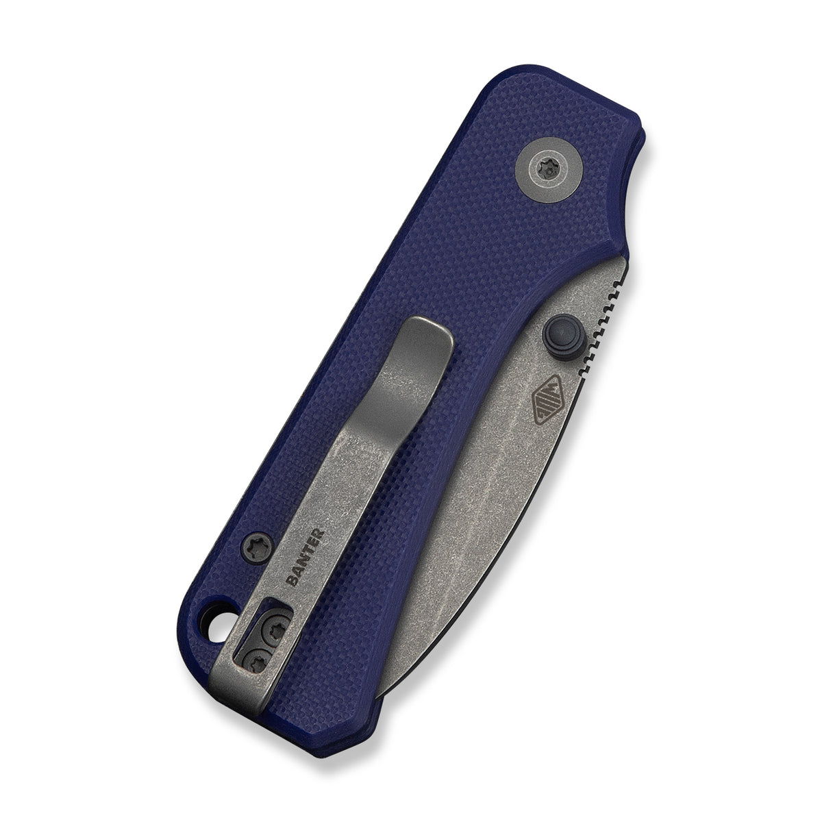 Baby Banter slip joint knife with blue G10 handle, closed, back angled view