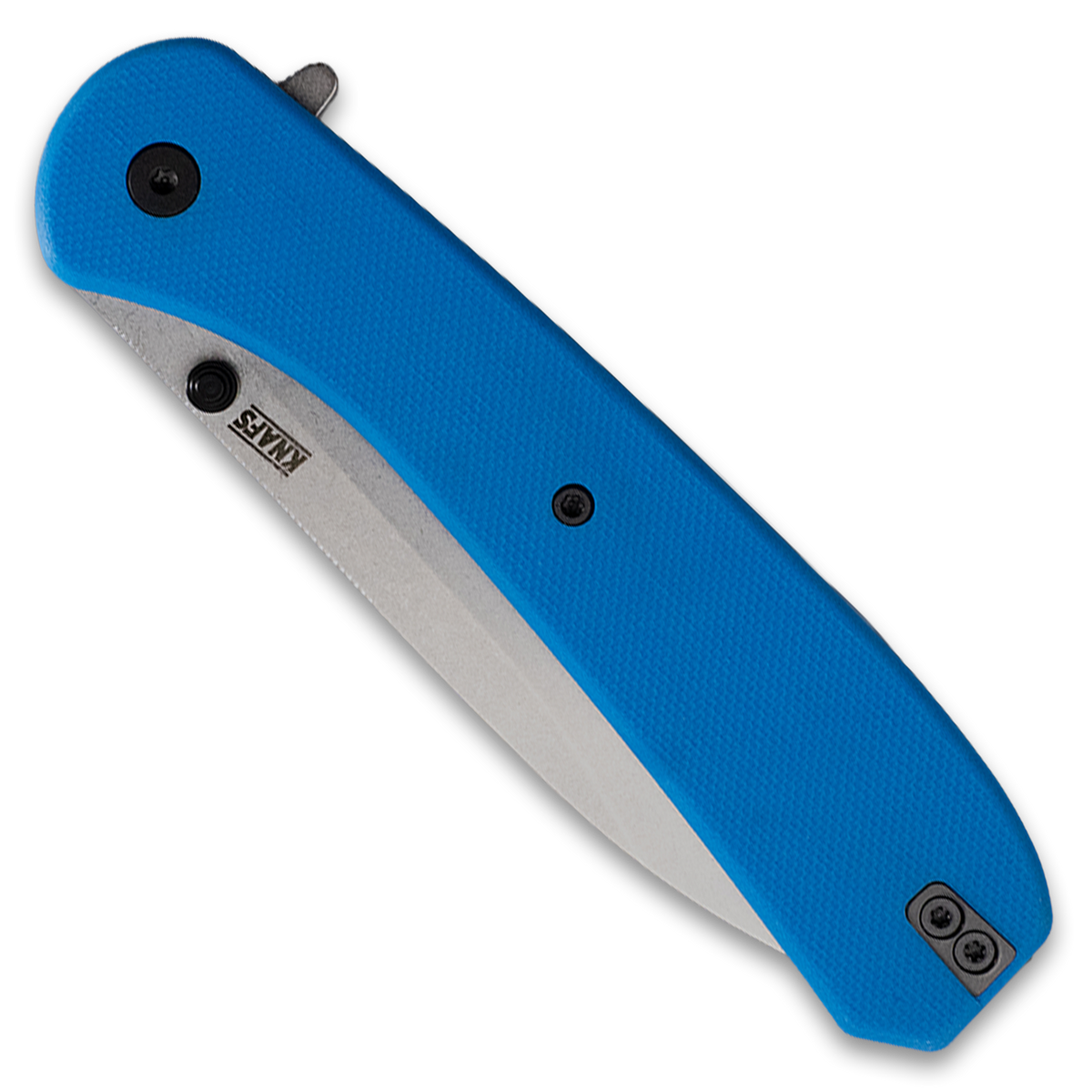 Lander 7 pocket knife with blue G10 handle, closed, front view