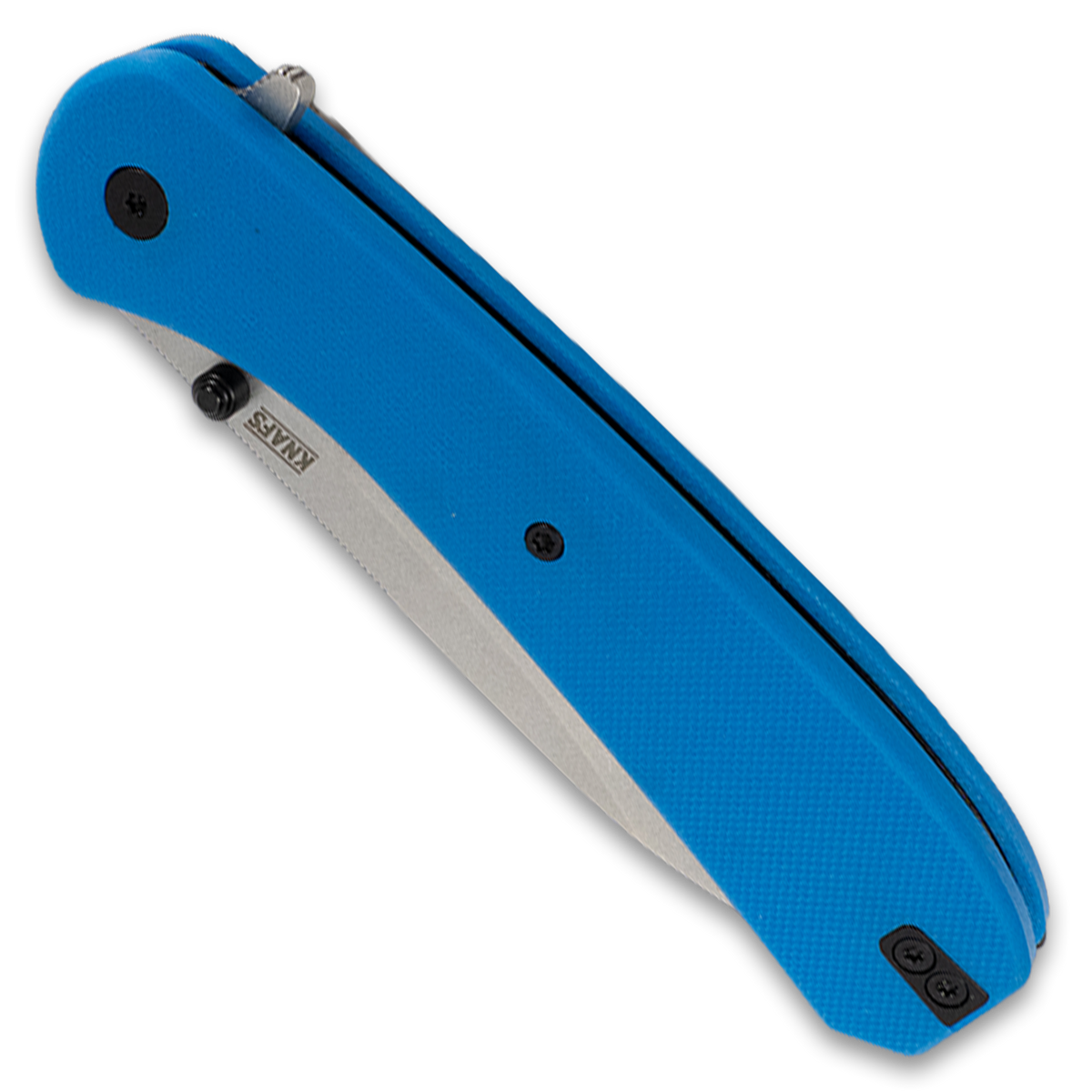 Lander 7 pocket knife with blue G10 handle, closed, top view