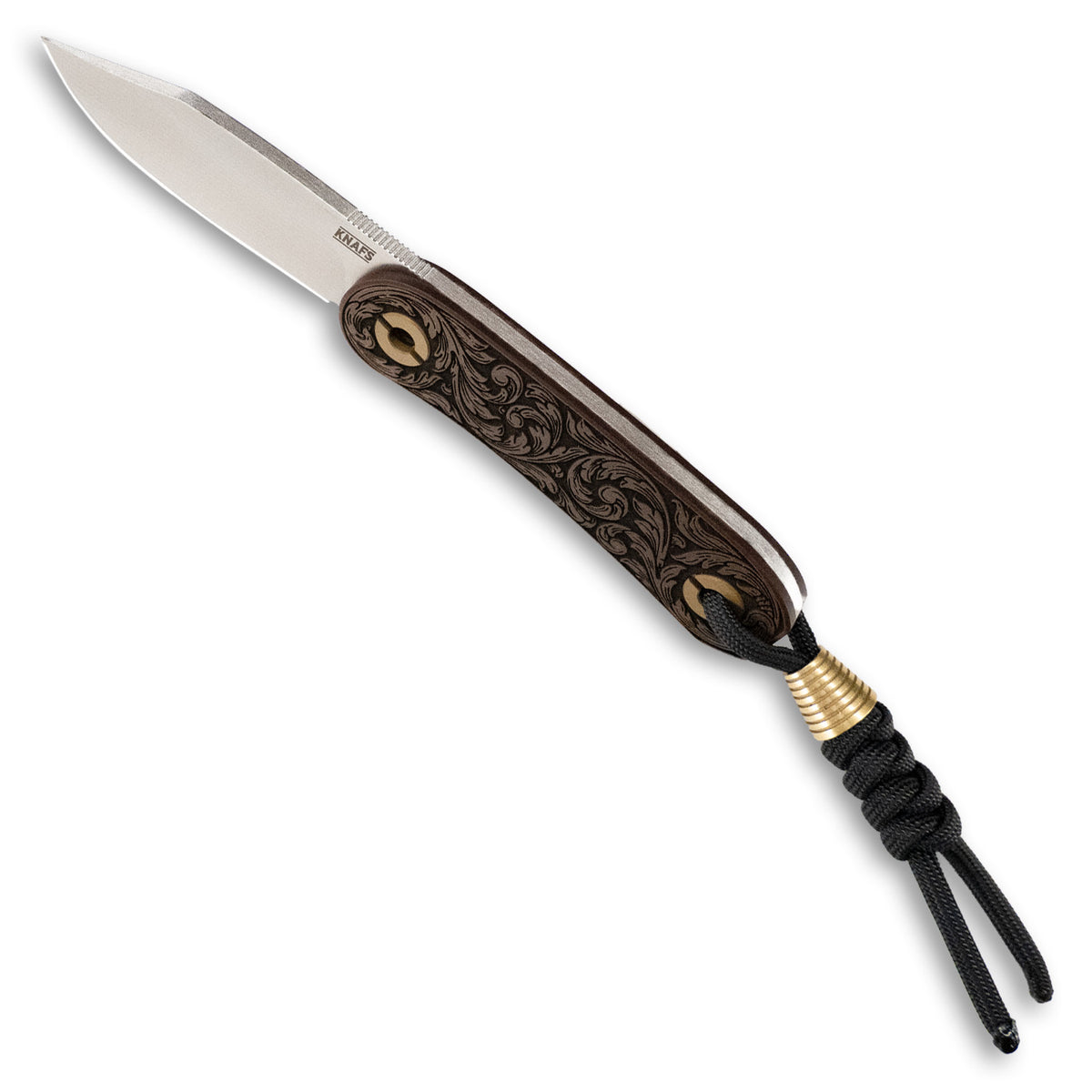 Lander 4 pocket knife with filigree engraved handle, closed, top view showing blade spine