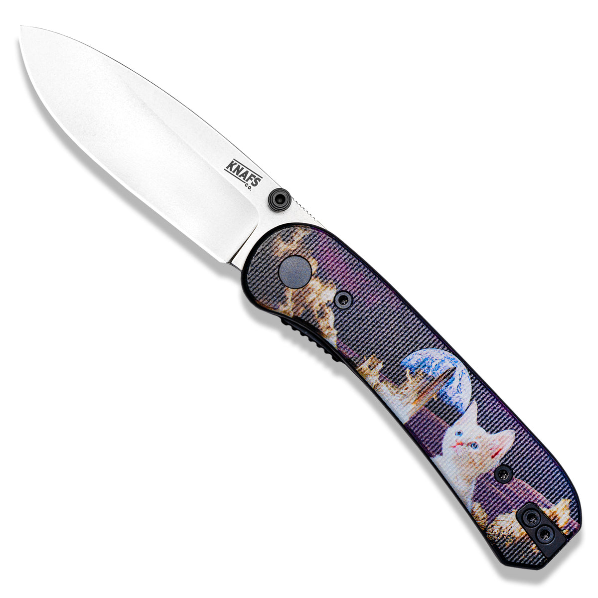 Lander 1 Knife Scales in OG Space Kitty (Limited Edition) installed on an open knife with white blade