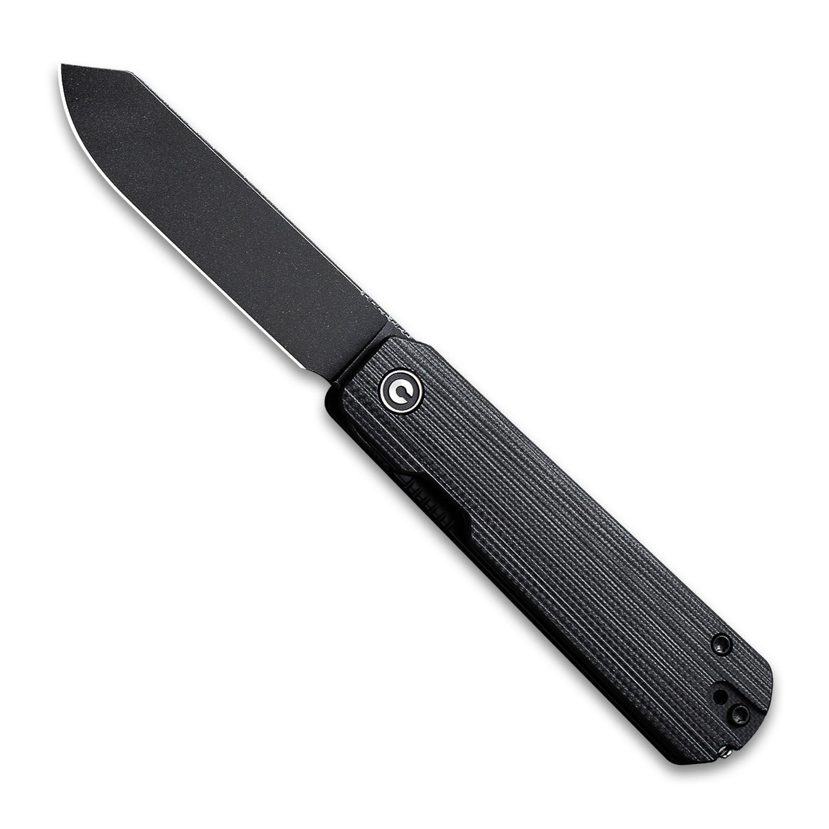 Opened front side of a CIVIVI Sendy Pocket Knife with a G10 black/blue handle and a black stonewash nitro V spey point blade