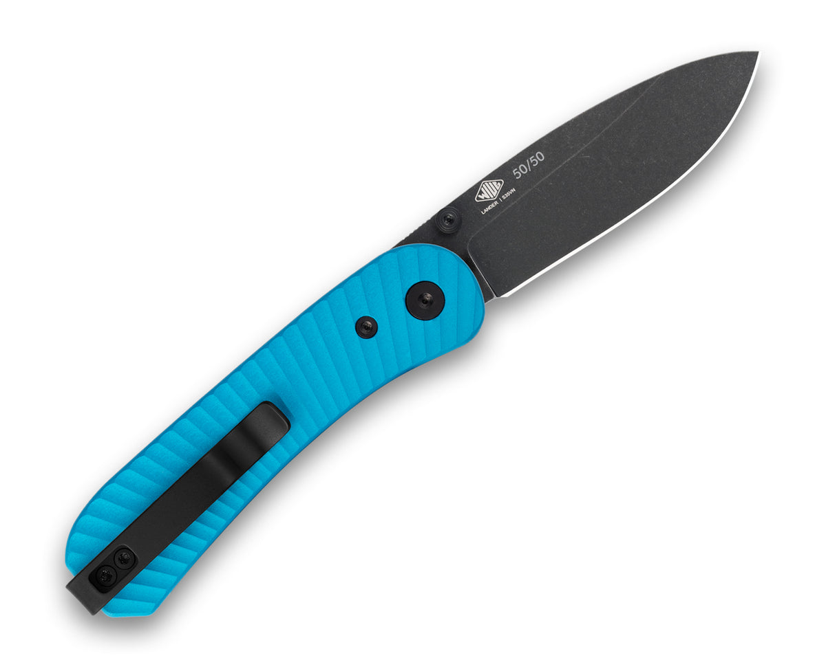 Lander 1 Pocket Knife Limited Edition with teal aluminum scales, open, back view