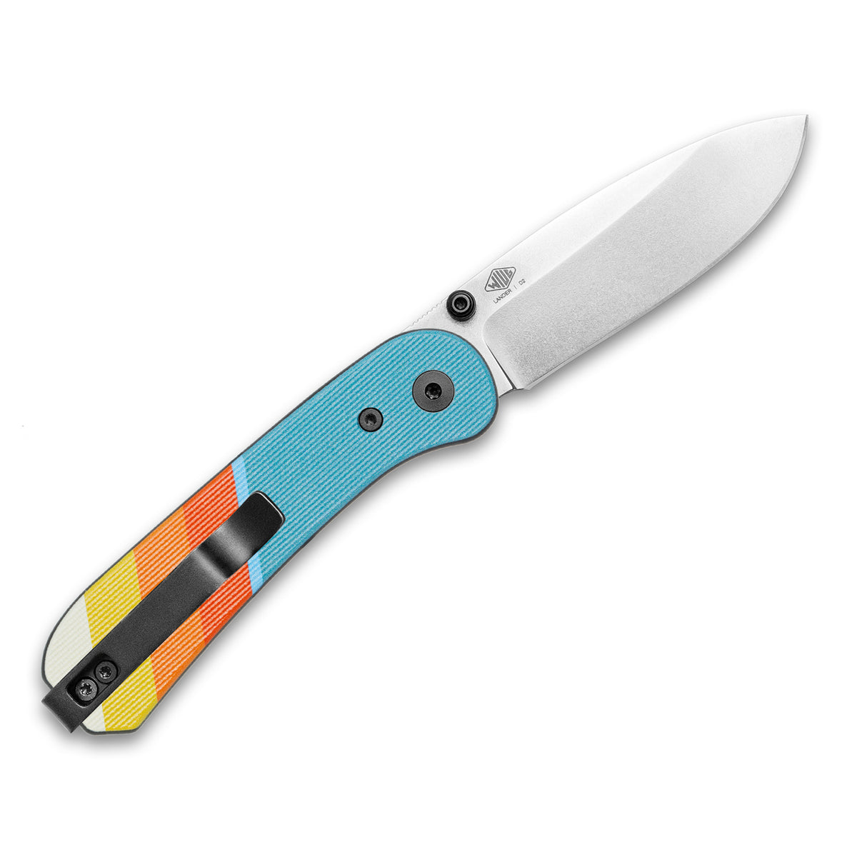 Knafs Lander 1 Pocket knife with Good Vibes scales, opened back side with a D2 silver stone washed blade, lying flat on a white background at a 45 degree angle