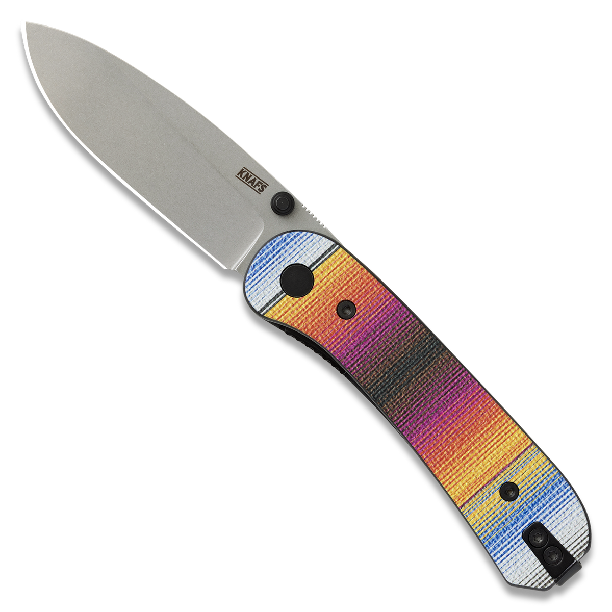 Lander 1 Pocket Knife with printed G10 handle in a colorful tie-dye pattern, open, satin blade