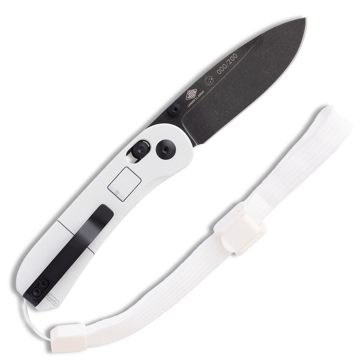 Lander 3 Landeriimote special edition pocket knife, open, back view with white and black handle