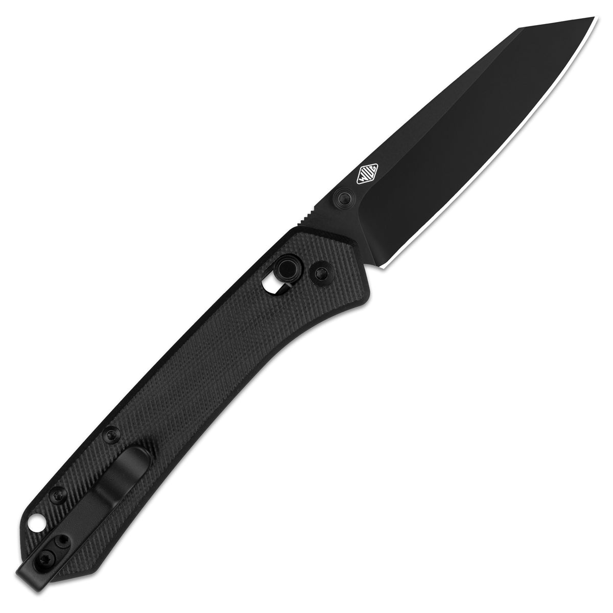 Open clip side of a MKM Yipper Pocket Knife with Black G10 handle and a stone washed CPM Magnacut flat grind reverse tanto blade