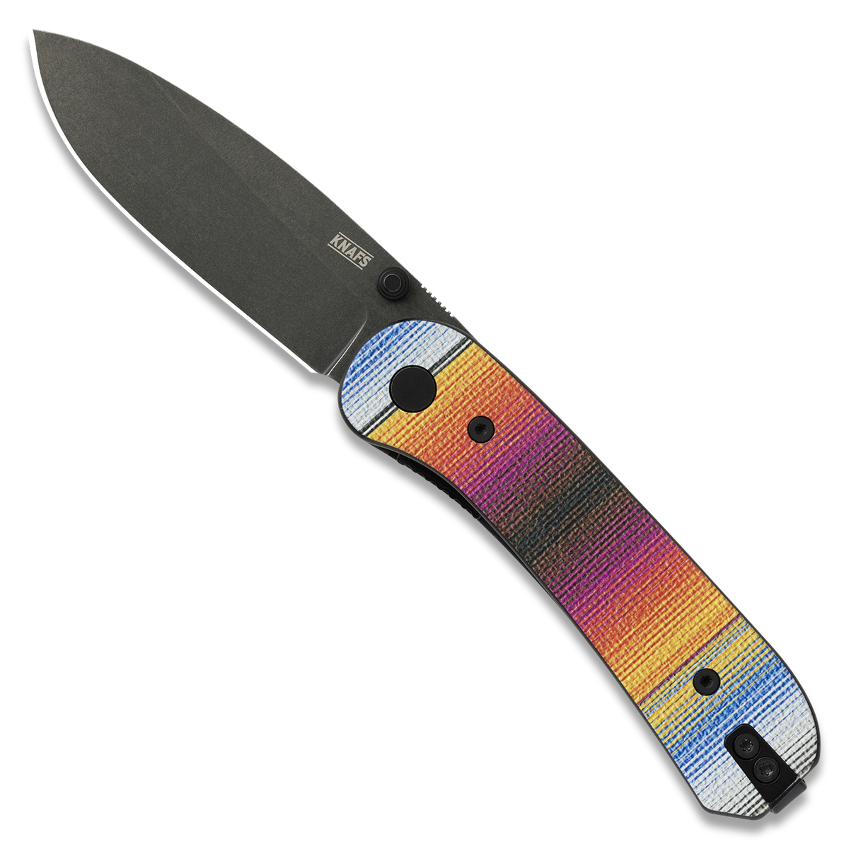 Lander 1 Pocket Knife with printed G10 handle in a Mexican Blanket pattern, open, black stonewashed blade