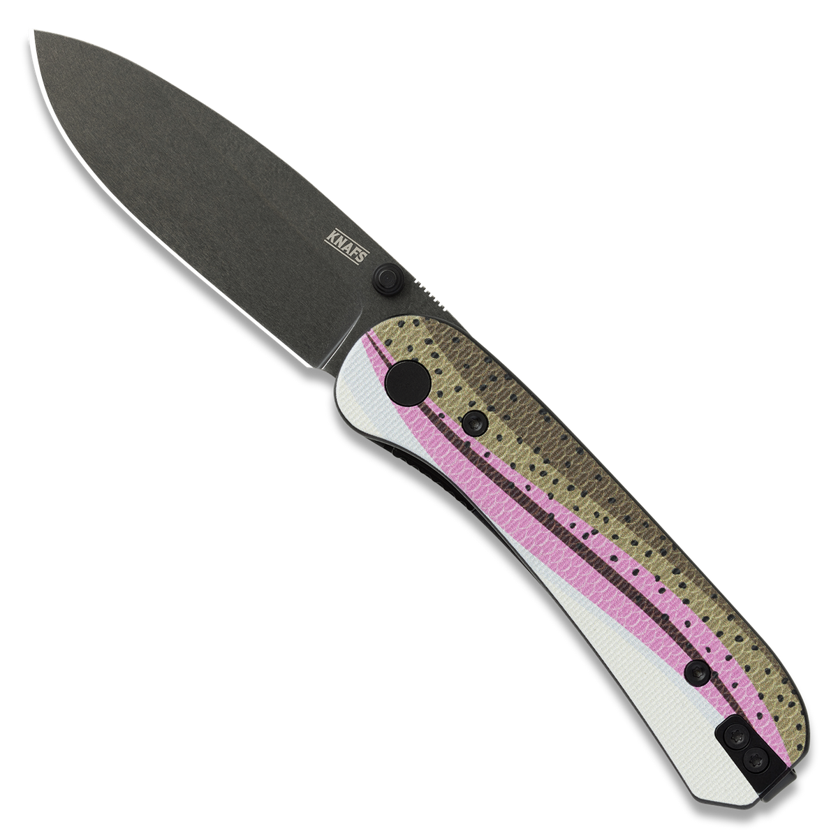 Lander 1 Pocket Knife with printed G10 handle in a Rainbow Trout pattern, open, black stonewashed blade