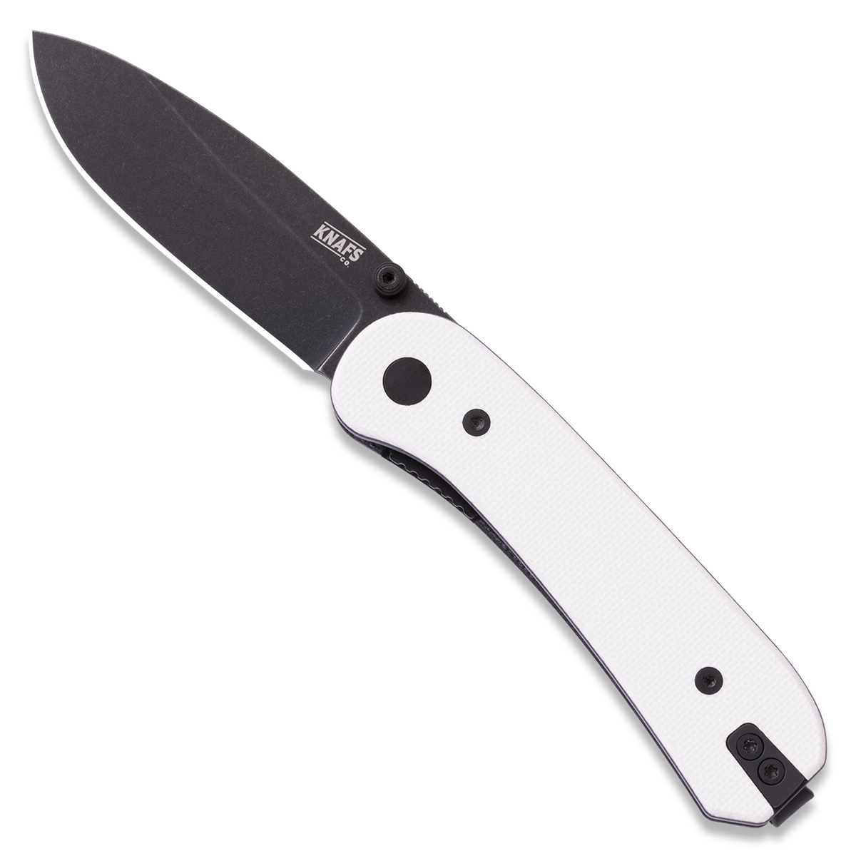 Lander 1 Pocket Knife - Flat G10 Scales - Pre-Built - open front Black Blade - White Handle