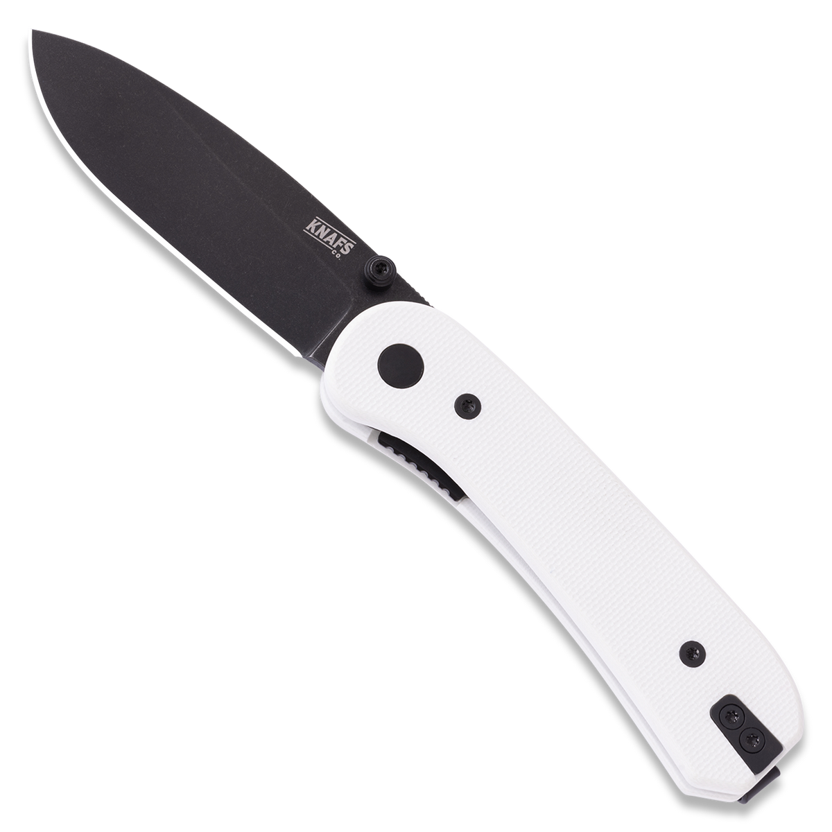 Lander 1 Pocket Knife - Flat G10 Scales - Pre-Built - open front Black Blade - Tuxedo Handle