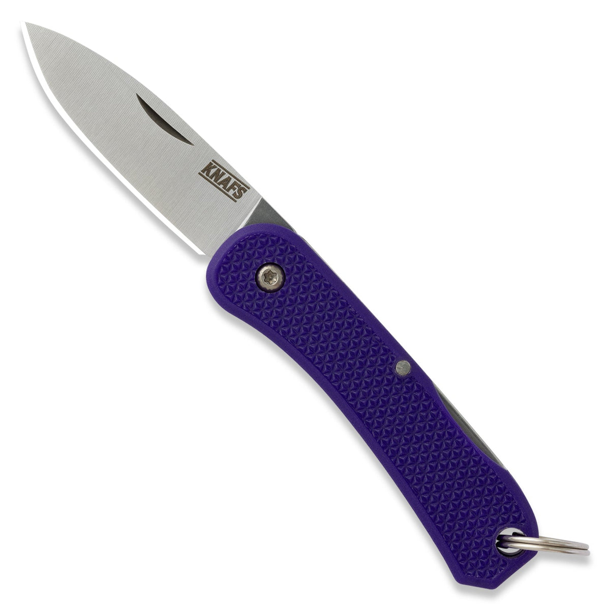 Lander 6 mini keychain knife with purple handle, open, front view