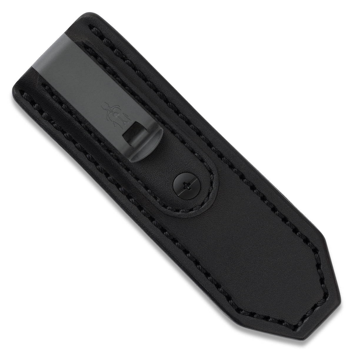 Lander 4 in-pocket black leather sheath, back view showing belt clip