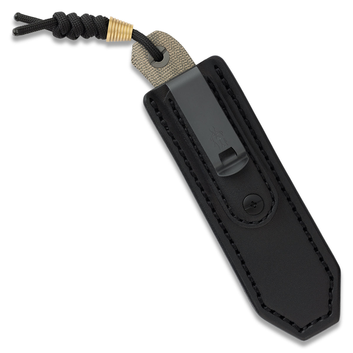 Lander 4 in-pocket black leather sheath with knife inserted, back view showing belt clip