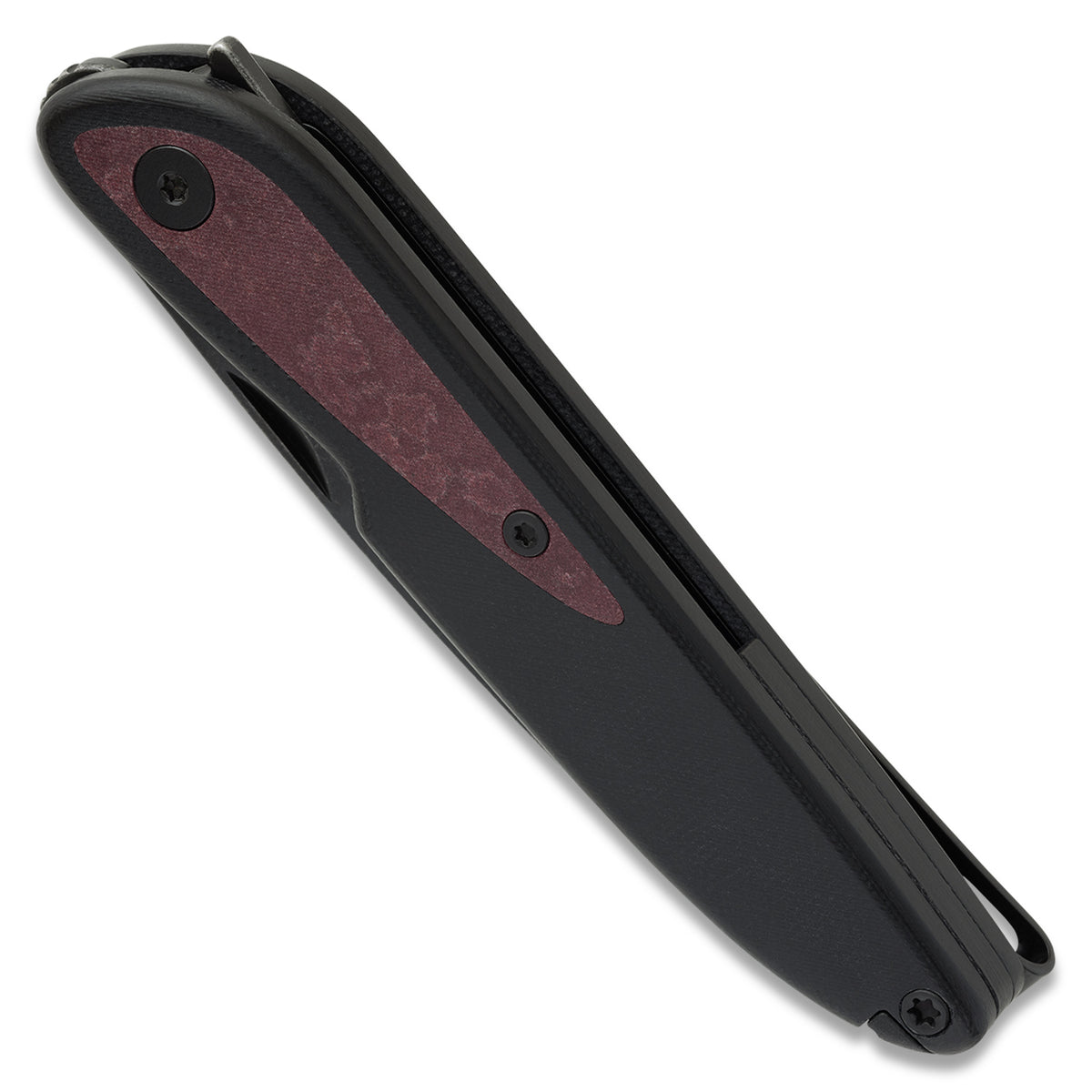 Doodler pocket knife with black G10 scales and redstone richlite inlays, closed, angled view