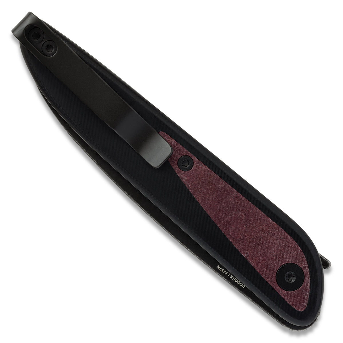 Doodler pocket knife with black G10 scales and redstone richlite inlays, closed, back view