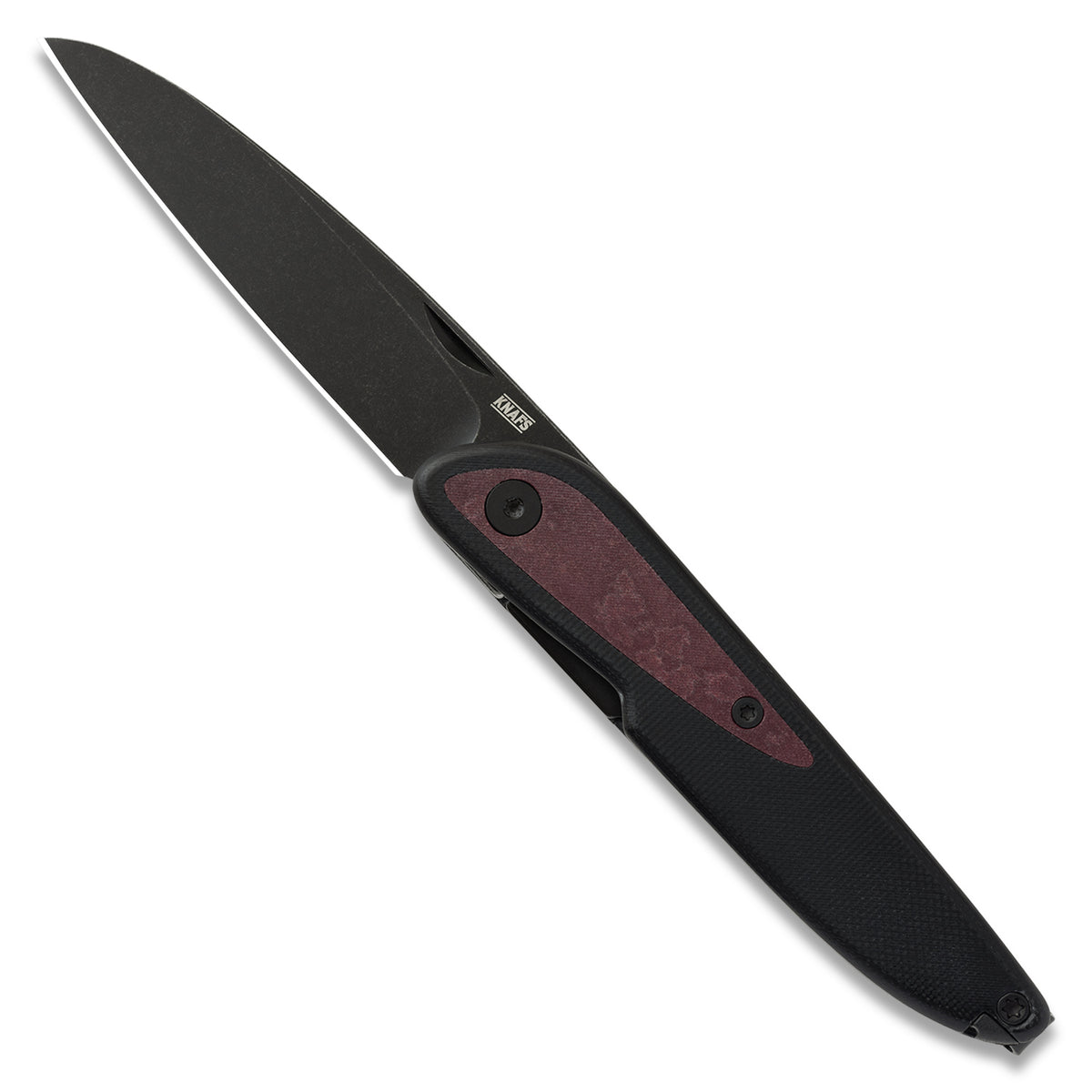 Doodler pocket knife with black G10 scales and redstone richlite inlays, open, front view