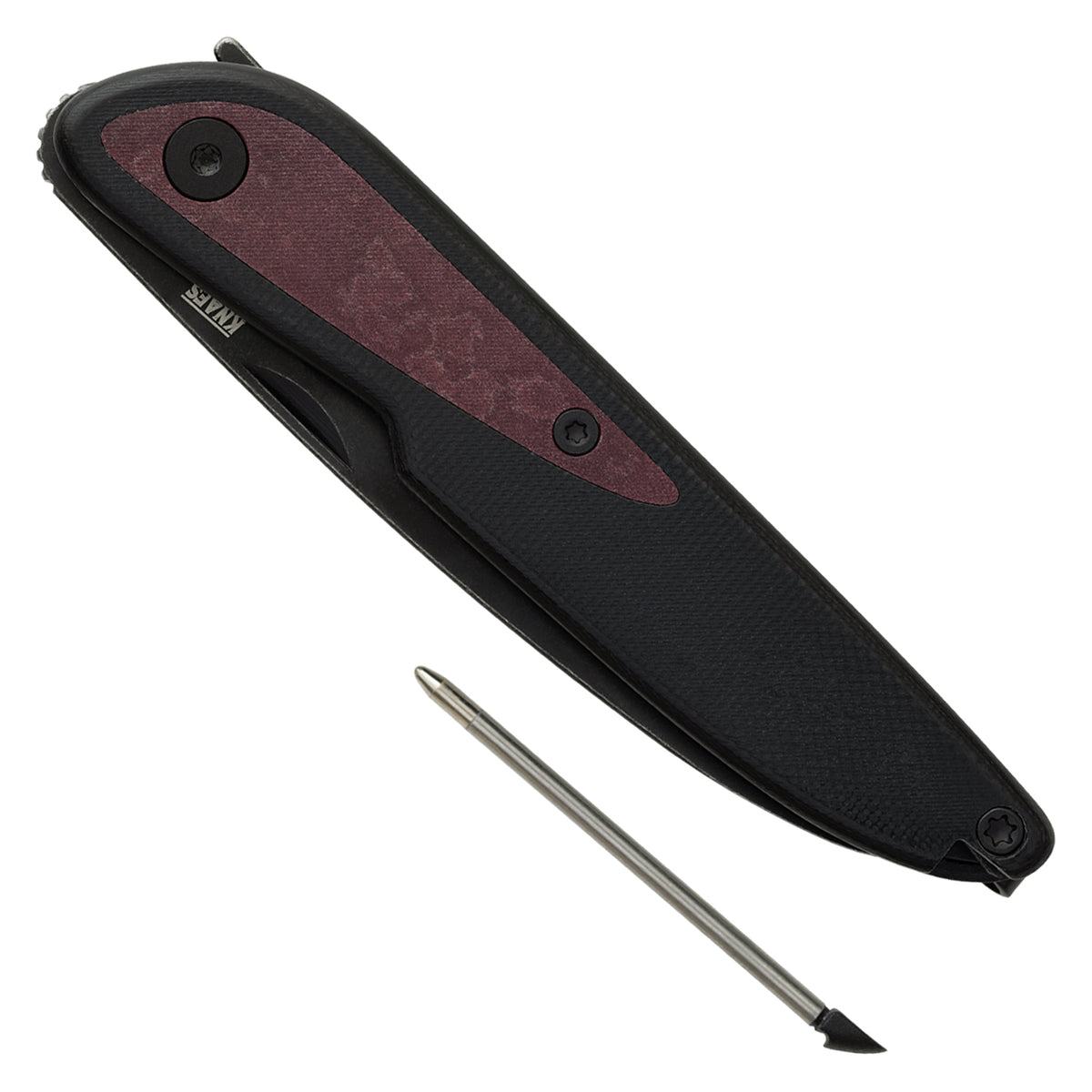 Doodler pocket knife with black G10 scales, closed, pen extended from handle