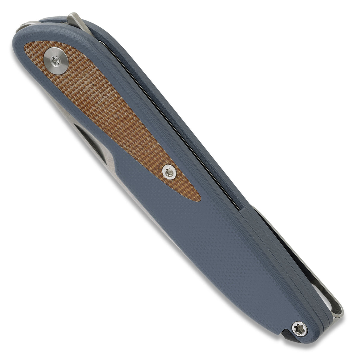 Doodler pocket knife with horizon blue G10 scales and brown micarta inlays, closed, angled view