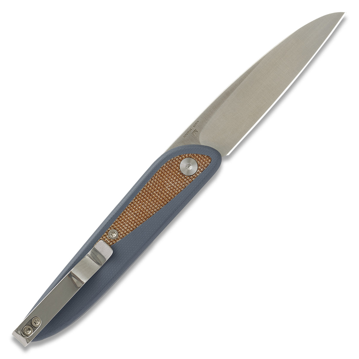 Doodler pocket knife with horizon blue G10 scales and brown micarta inlays, open, back view
