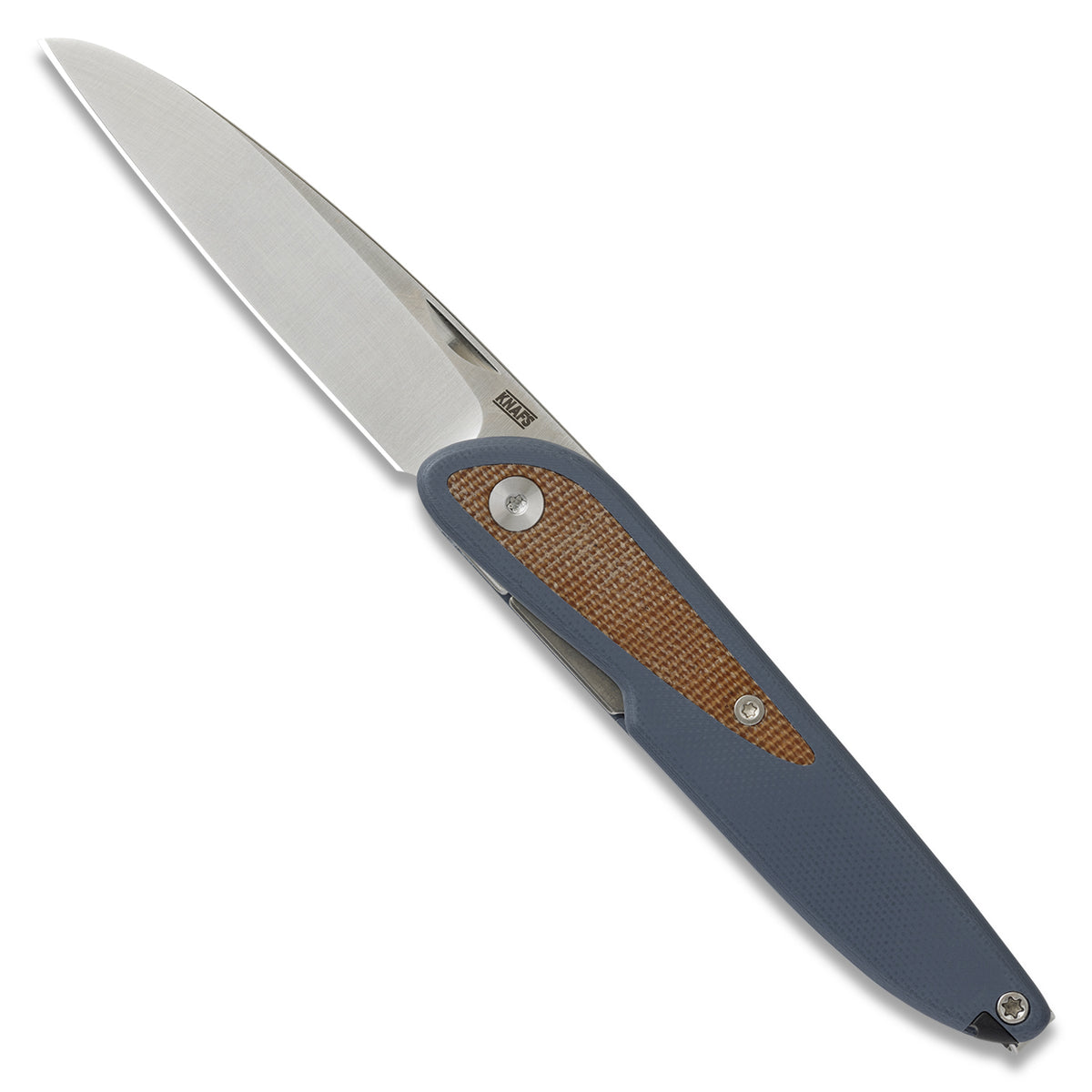 Doodler pocket knife with horizon blue G10 scales and brown micarta inlays, open, front view