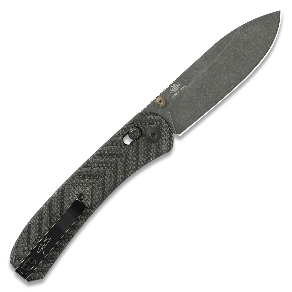 Jeremy Siers Lander 2 knife with black micarta handle, open, back view