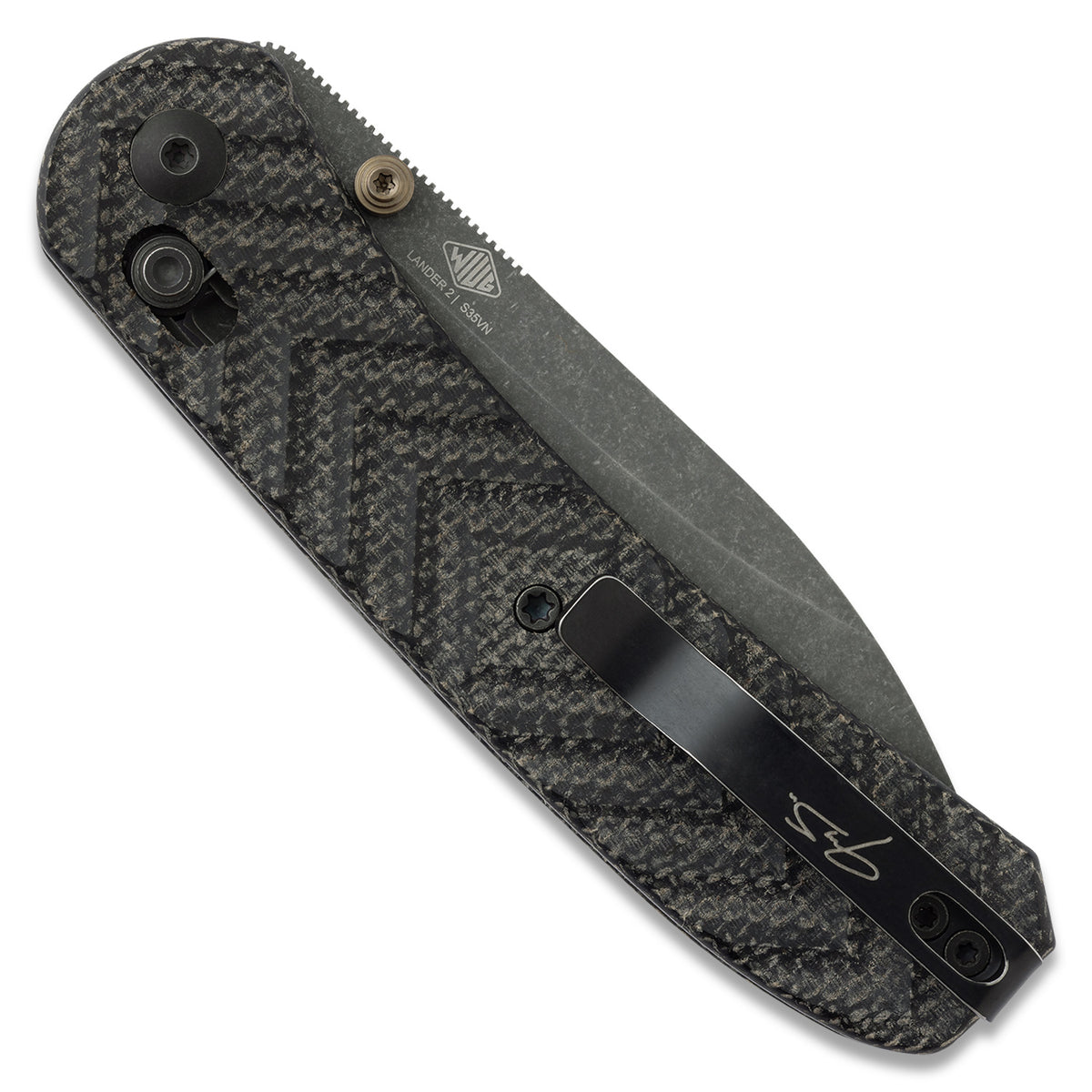 Jeremy Siers Lander 2 knife with black micarta handle, closed, back view