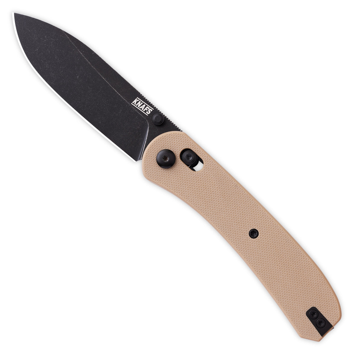 Lander 2 Pocket Knife with flat tan G10 scales, black blade, open, standalone product shot