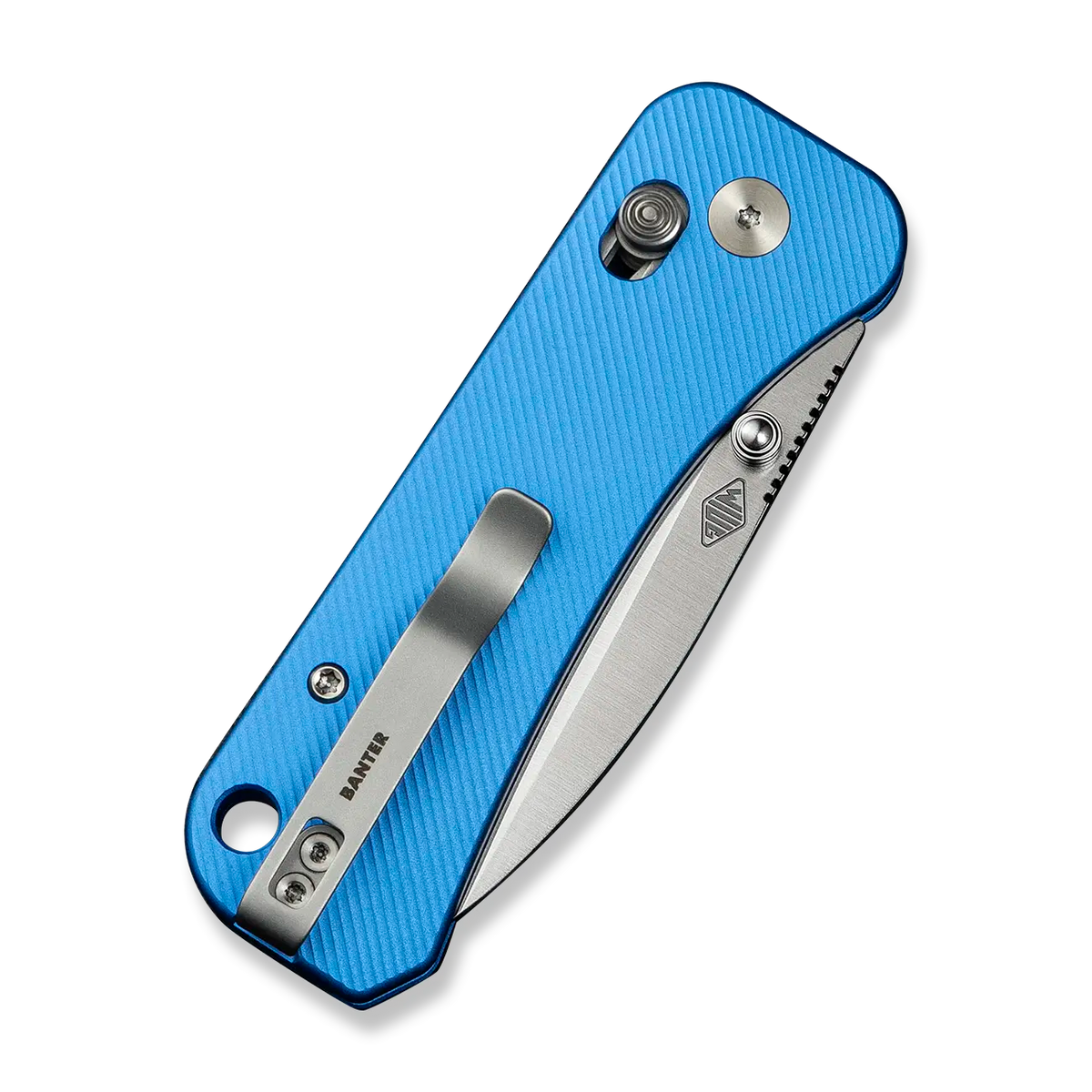 Banter 2 pocket knife with blue aluminum handle, closed, showing pocket clip