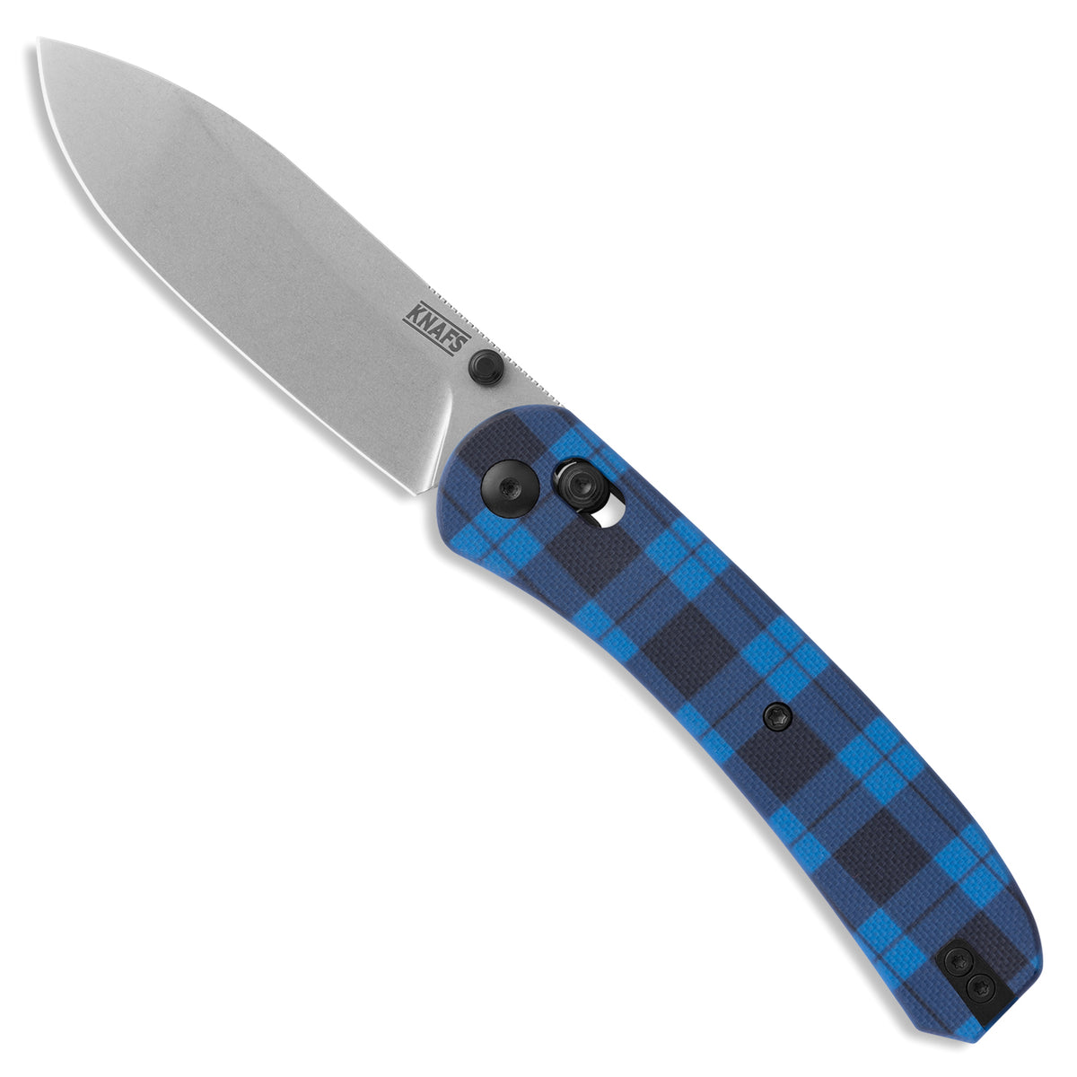 Blue flannel plaid G10 knife scales installed on Lander 2 knife, open