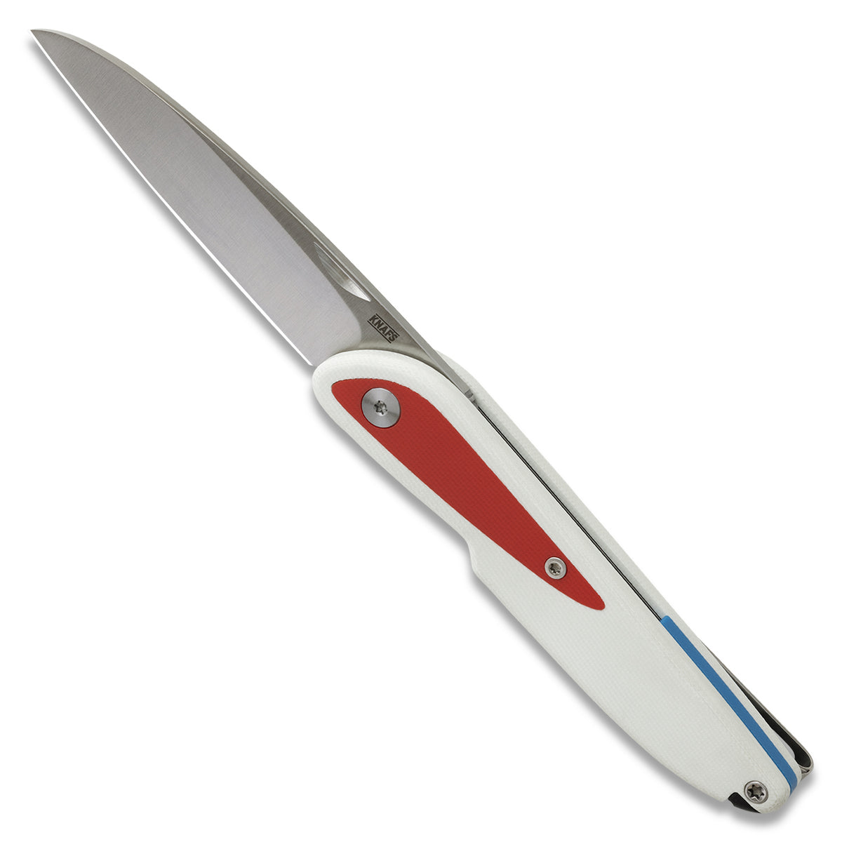 Doodler pocket knife with white G10 scales and red inlays, open, angled view