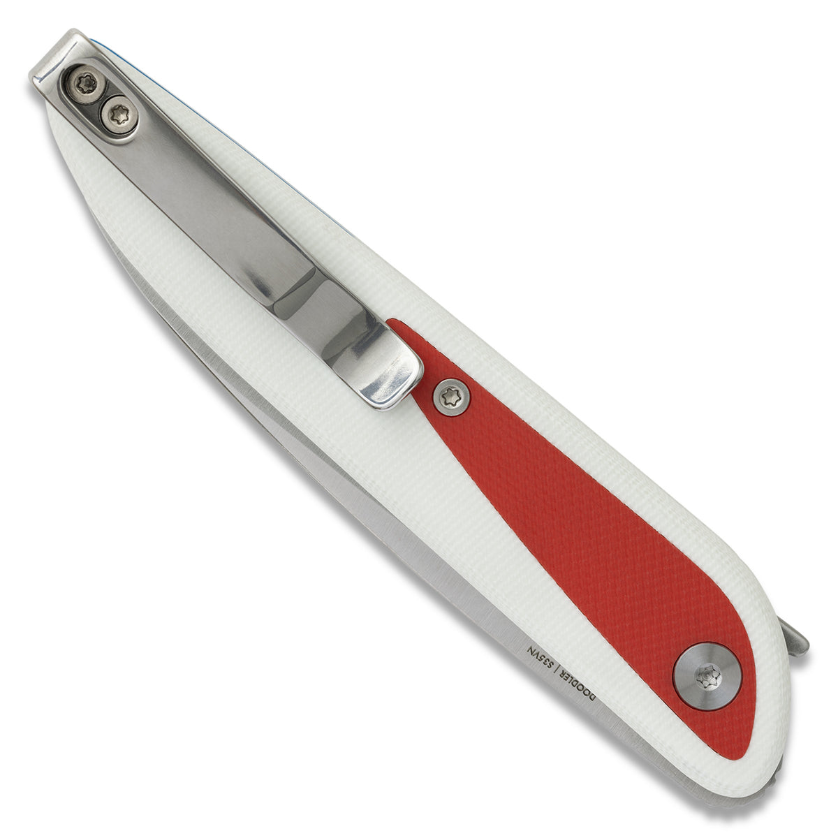 Doodler pocket knife with white G10 scales and red inlays, closed, back view