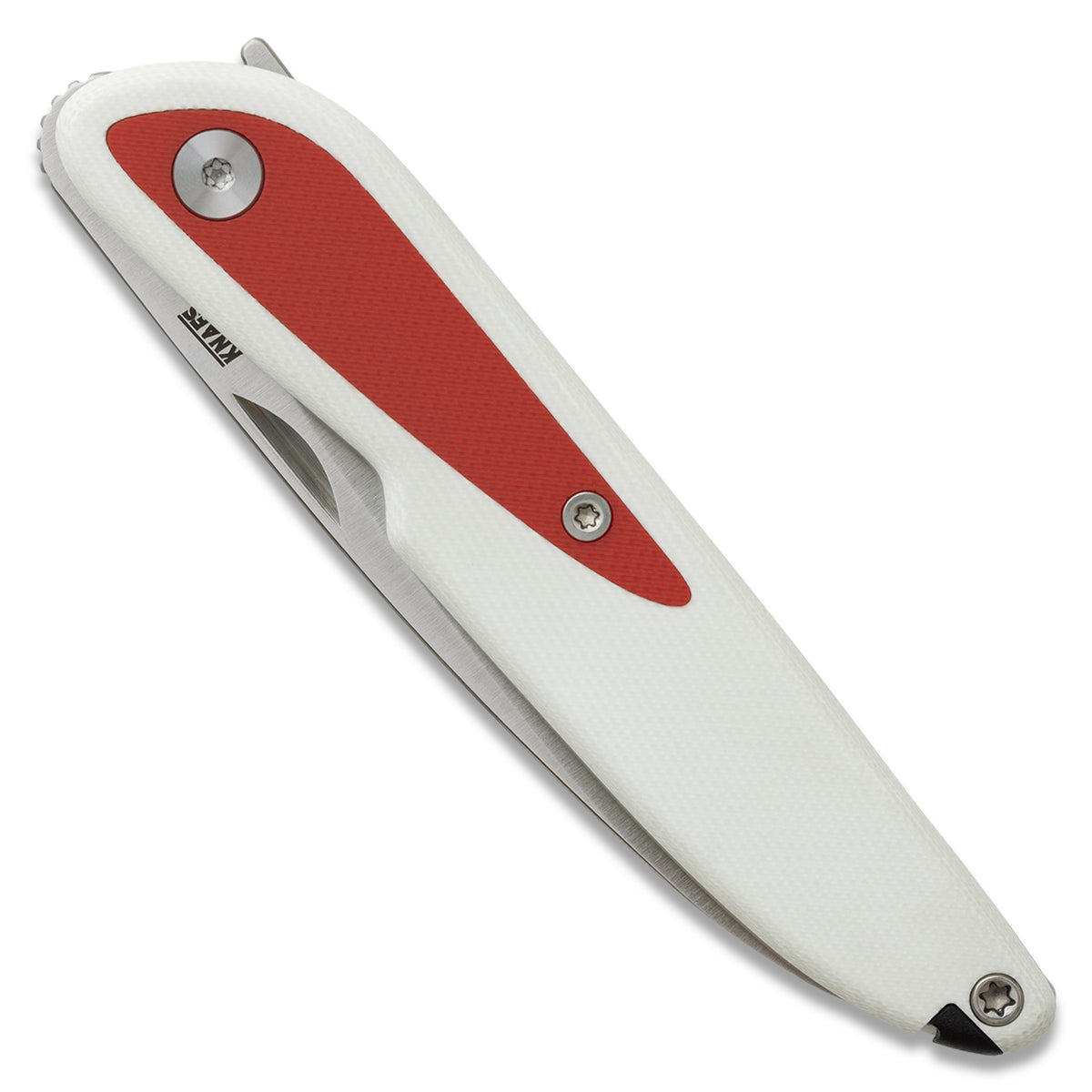 Doodler pocket knife with white G10 scales and red inlays, closed, front view