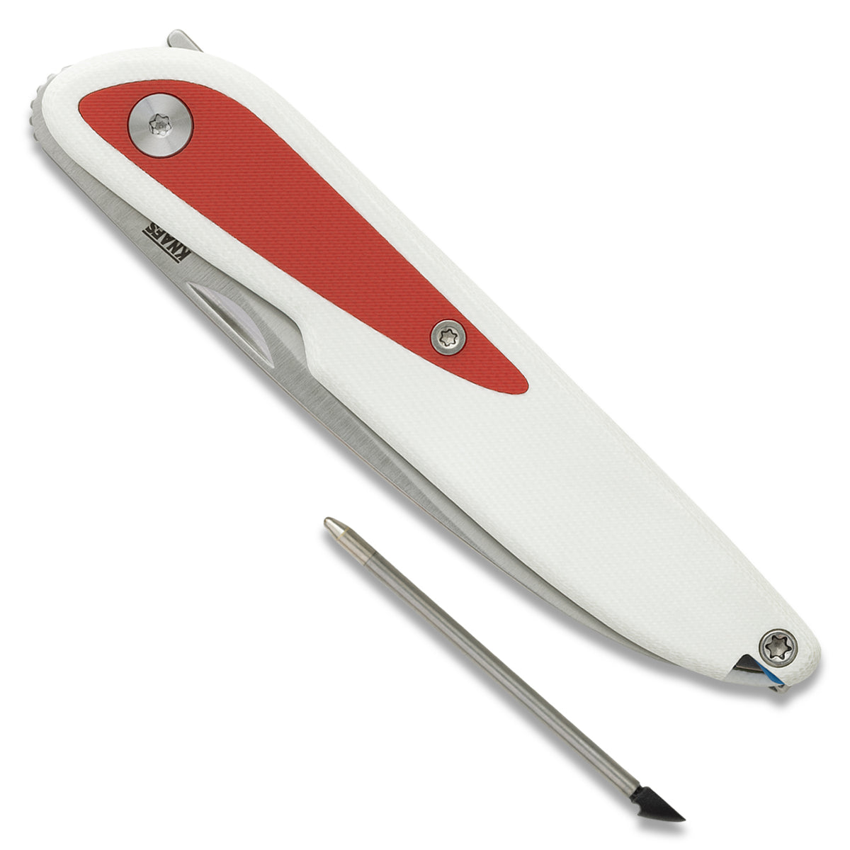 Doodler pocket knife with white and red handle, closed, pen extended from handle