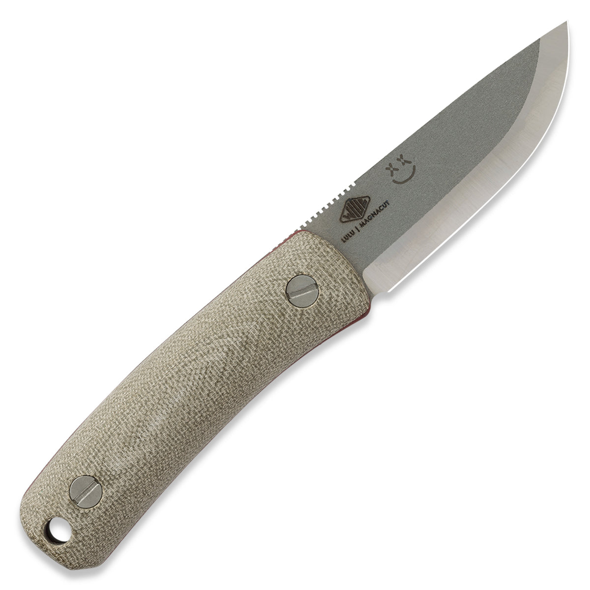 Blemished Lulu knife with stonewashed MagnaCut blade and tan handle, closed
