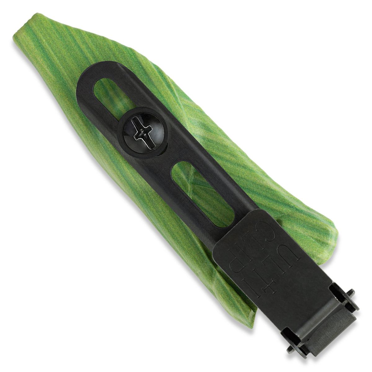 Green corn husk sheath for Lander 4 knife, clip removed, back view
