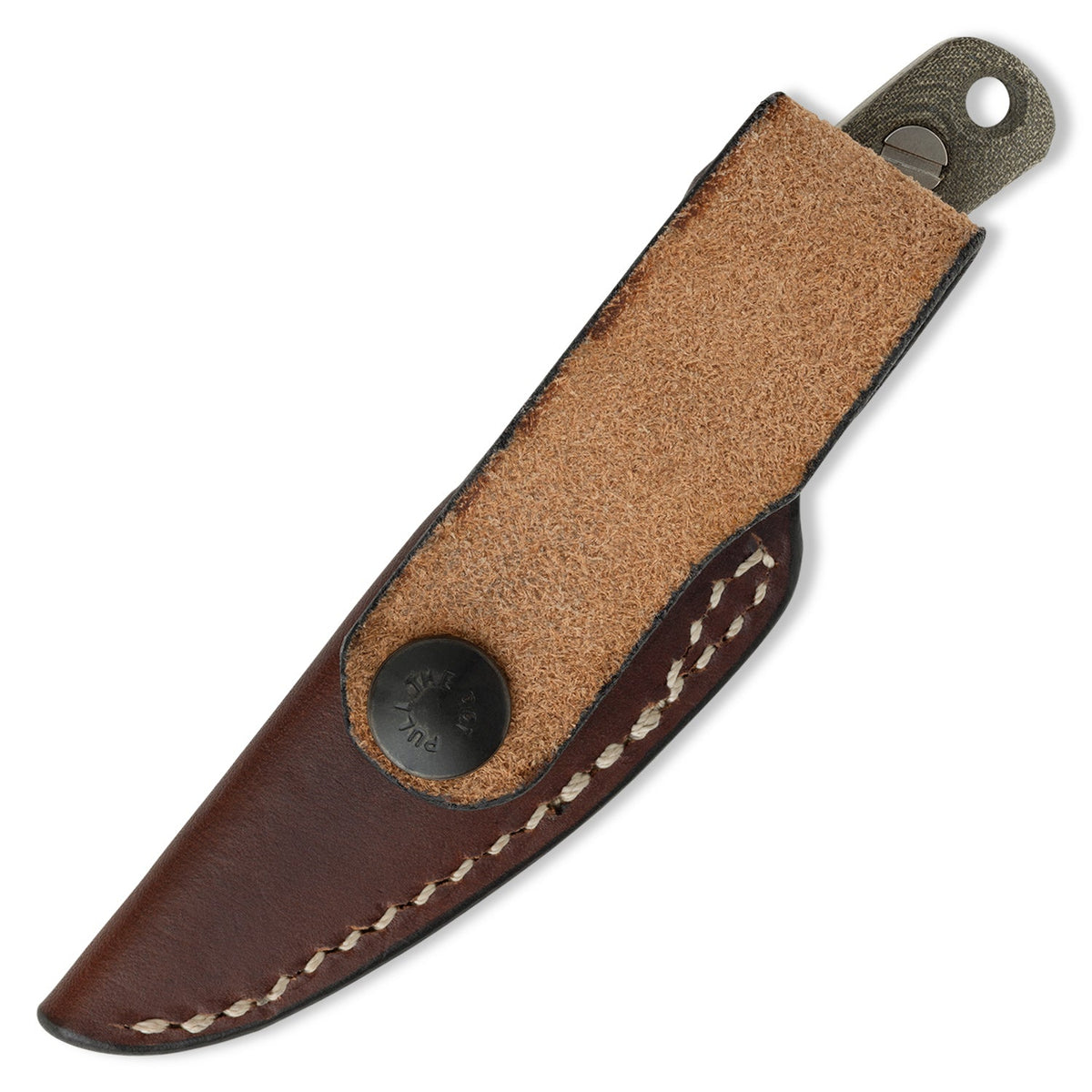 Little Lulu knife in brown leather belt loop sheath, back view showing belt loop