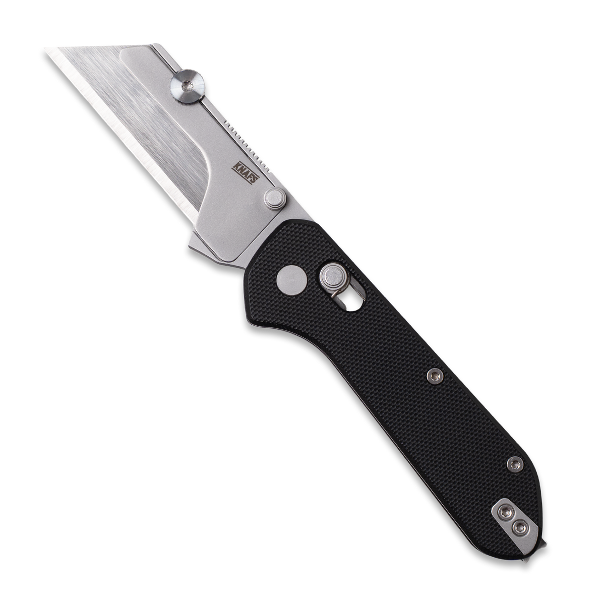 Yuti utility knife with black G10 handle, open, front view