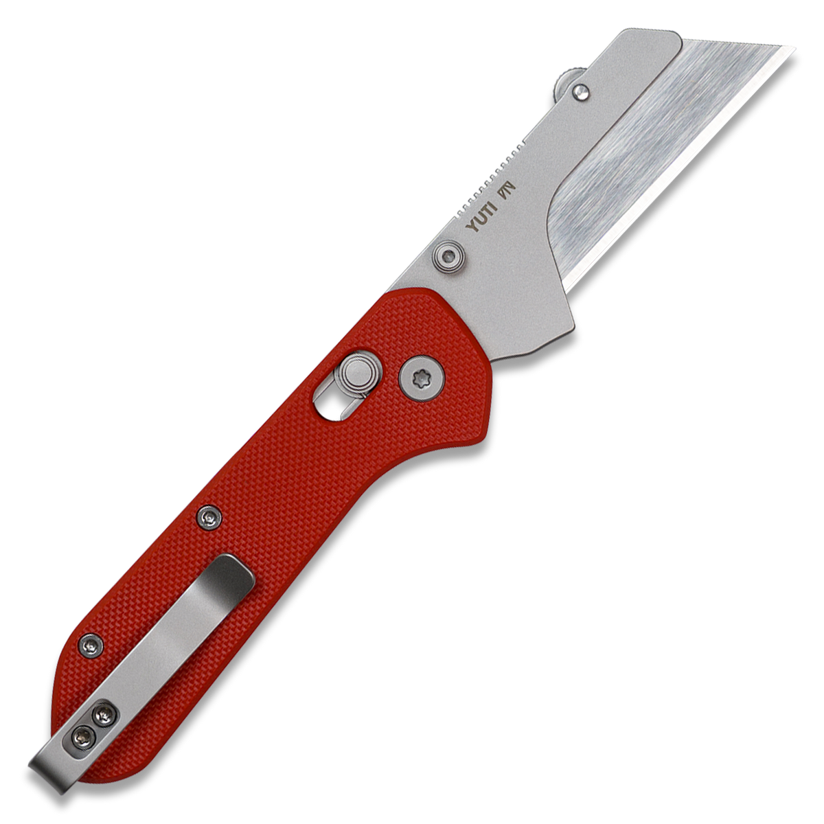 Yuti utility knife with red G10 handle, open, back angled view