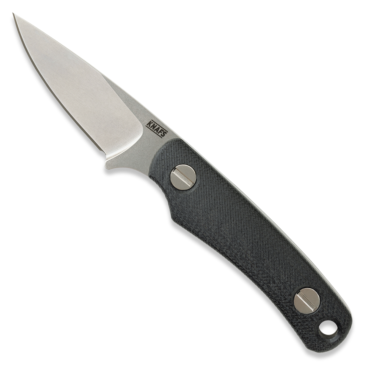 Little Lulu fixed blade knife with black micarta handle, stonewashed blade, front view