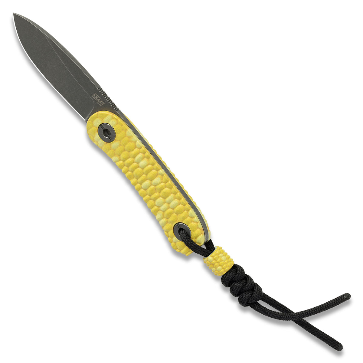 KNAFS-00642 fixed blade knife with yellow corn scales spine angle. Lander 4 Corn Knife.