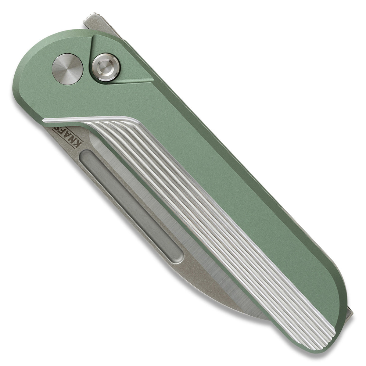 Capcom pocket knife with Mission Control green handle, closed, back view