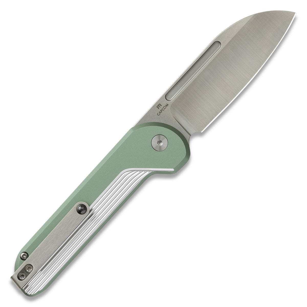 Capcom pocket knife with Mission Control green handle, open, back view