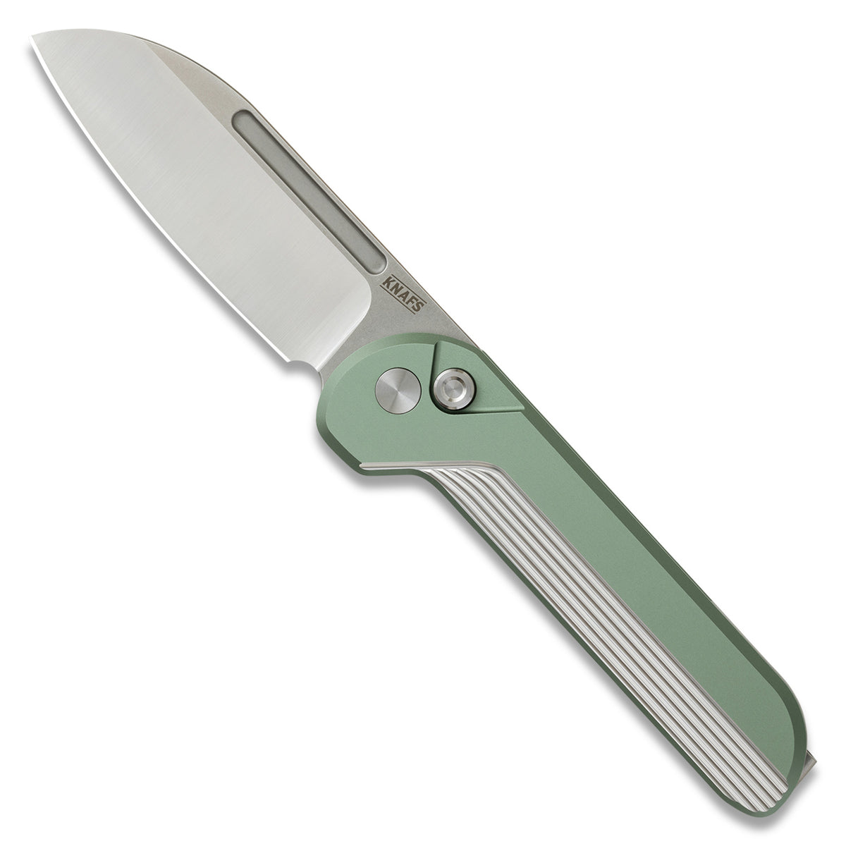 Capcom pocket knife with Mission Control green handle and satin stonewashed blade, open, front view