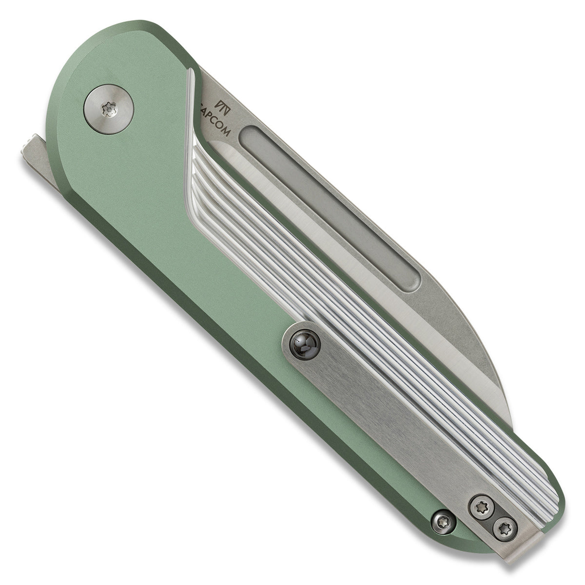 Capcom pocket knife with Mission Control green handle, open, angled view