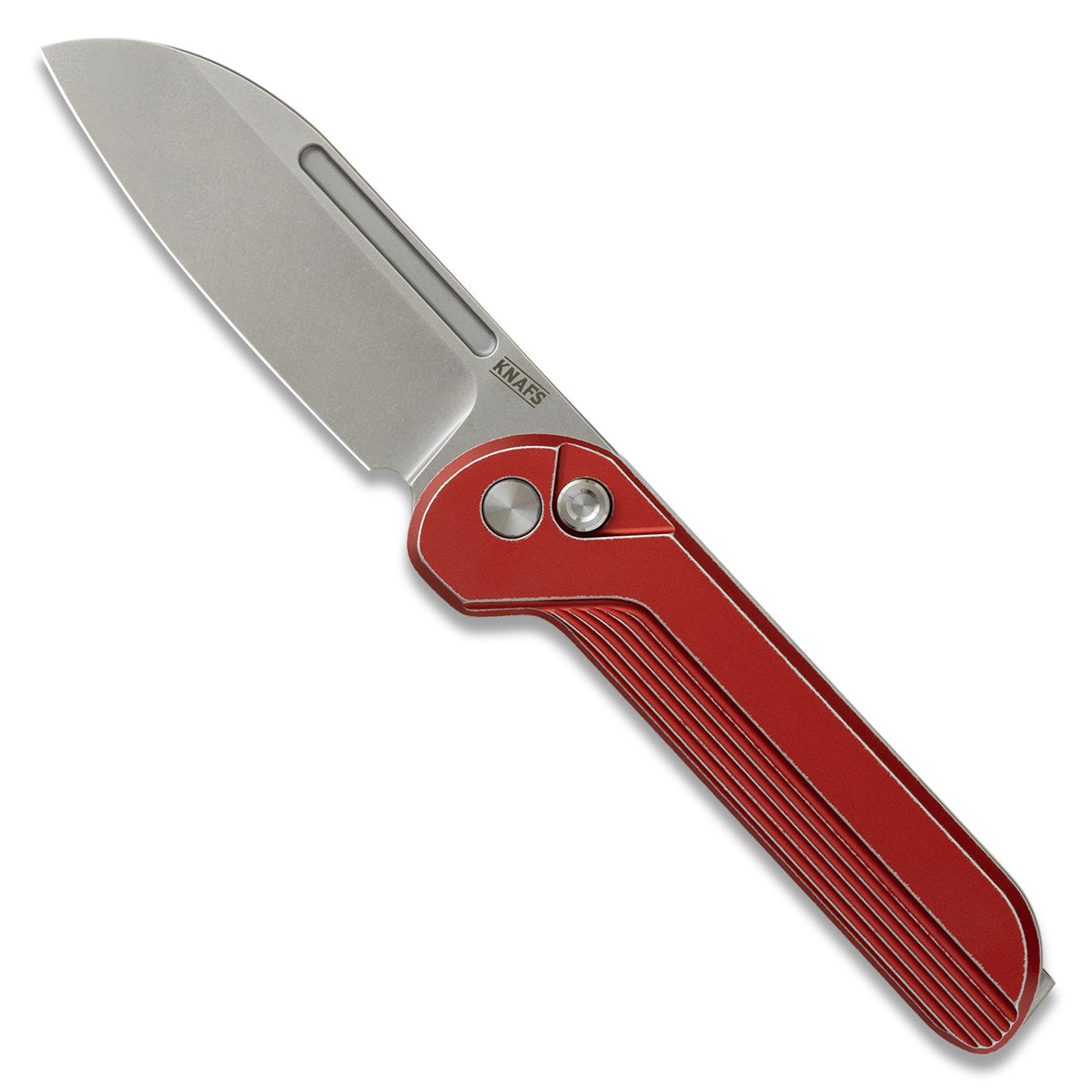 Capcom pocket knife with Re-Entry Red handle and gray stonewashed blade, open, front view
